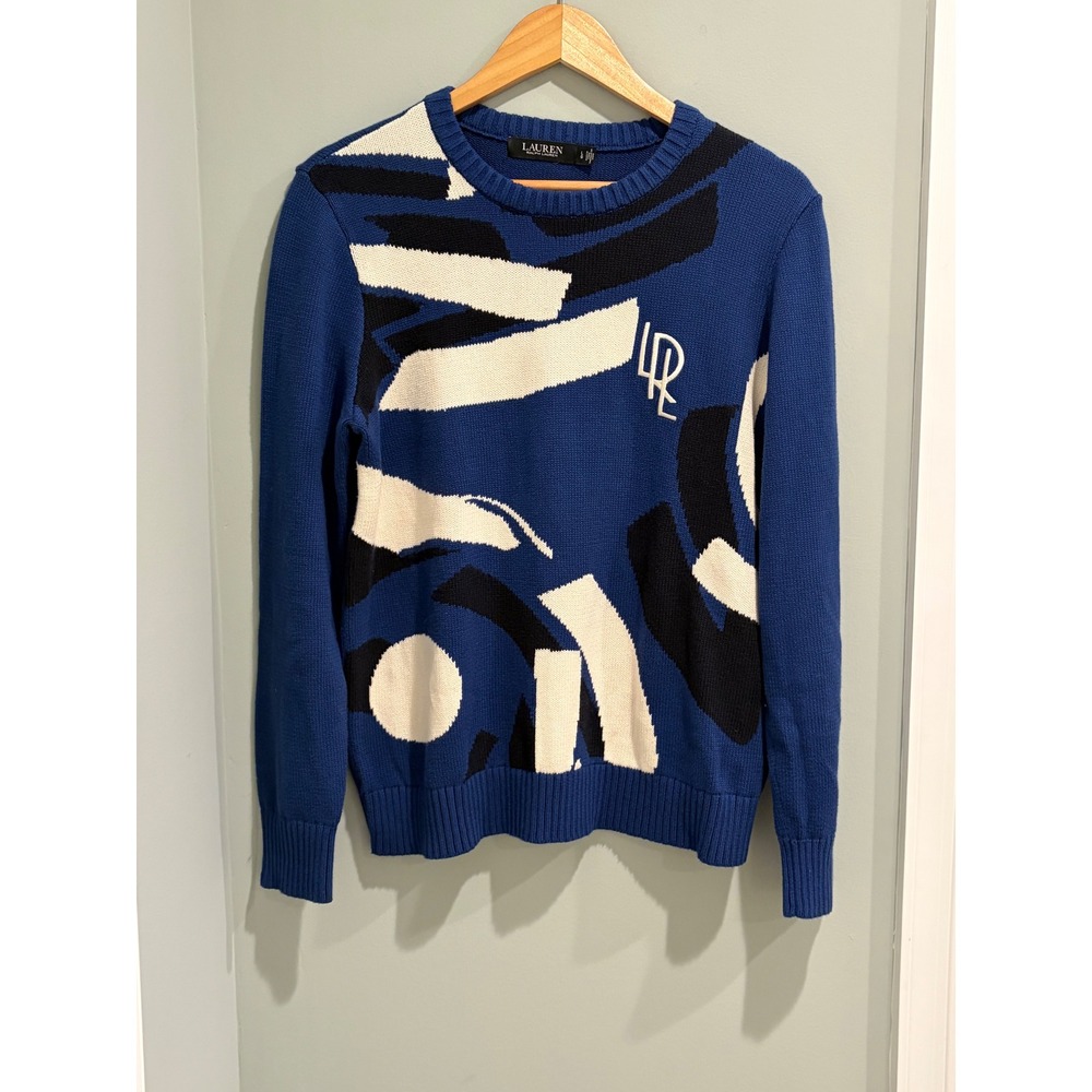 Lauren Ralph‎ Lauren Blue Abstract Intarsia Cotton Crewneck Sweater Womens Large